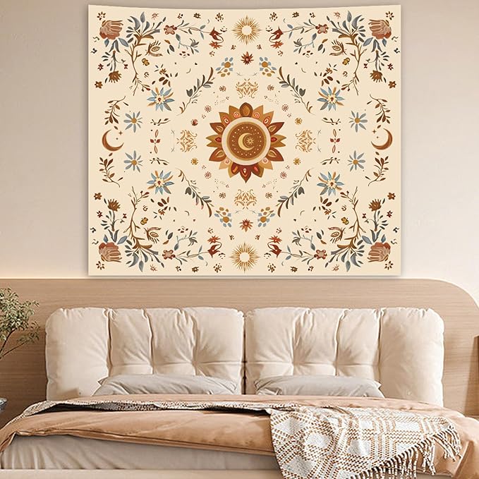 Boho Sun Floral Tapestry Wall Hanging Bedroom Aesthetic, Bohemian Vintage Moon Girl Room Decor Tapestries, Cute India Hippie Outdoor Wall Covering for Living Room Dorm (60"X79")