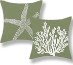 Coastal Pillow Covers 18x18 Set of 2 Sage Green Coral Starfish Throw Pillows Nautical Ocean Decorations Spring Summer Beach Pillowcase Outdoor Decor Linen Farmhouse Cushion Case for Home Sofa