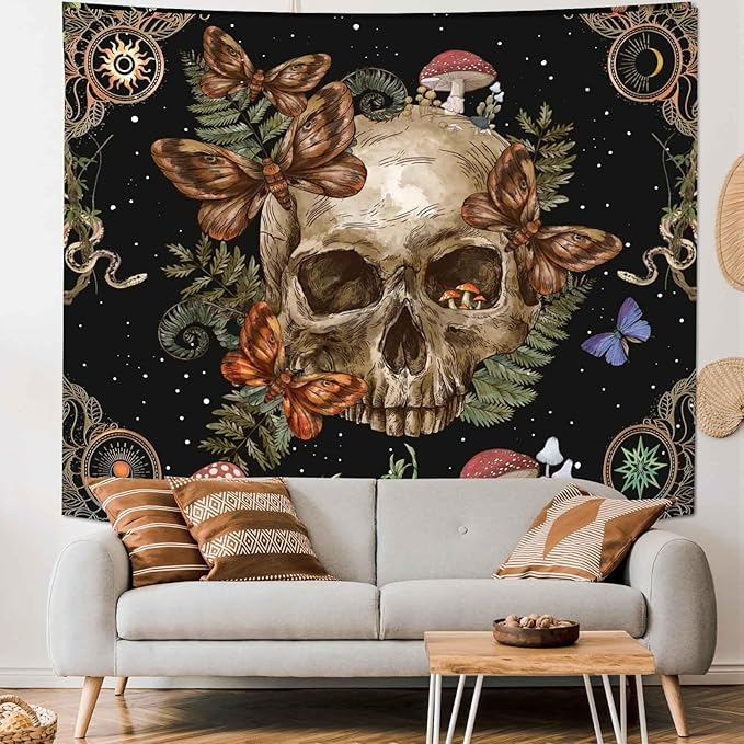 Avinyl Halloween Gothic Tapestry for Bedroom,Vintage Goth Skull Whichy Butterfly Floral Wall Tapestries, Skeleton Moth Mushrooms Poster Backdrop for Living Gaming Room Dorm Decor 60in X 79in