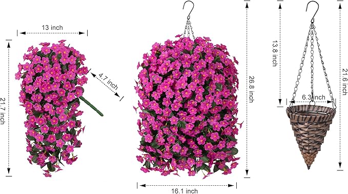 HyeFlora Artificial Fake Hanging Flowers Plants Baskets for Outdoor Spring Decoration, Faux Silk Fuchsia Daisy Mums Trailing Orchid UV Resistant for Home Outside Porch Garden Yard Patio Decor