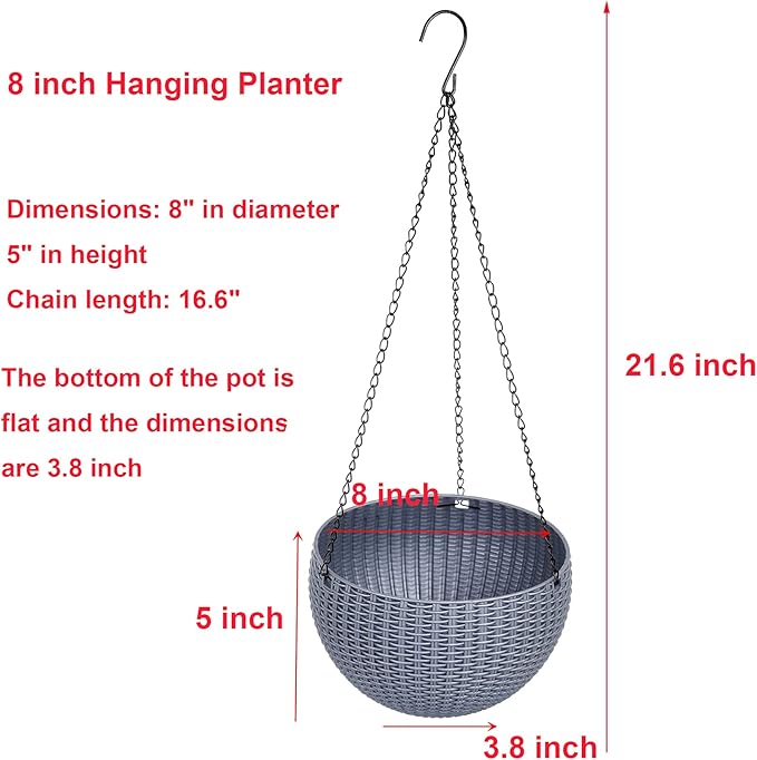 Hanging Basket Plastic Flower Pot Round Resin Garden Hanging Planter for Indoor Outdoor Plants 2 Pack Grey