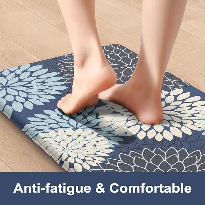 Anti Fatigue Kitchen Mats,Non Slip Farmhouse Kitchen Rugs Sets 2 Piece,Waterproof Dahlia Floral Kitchen Mat for Floor,Cushioned Standing Mat for Kitchen,Laundry,Sink,Desk,Mutil-Blue