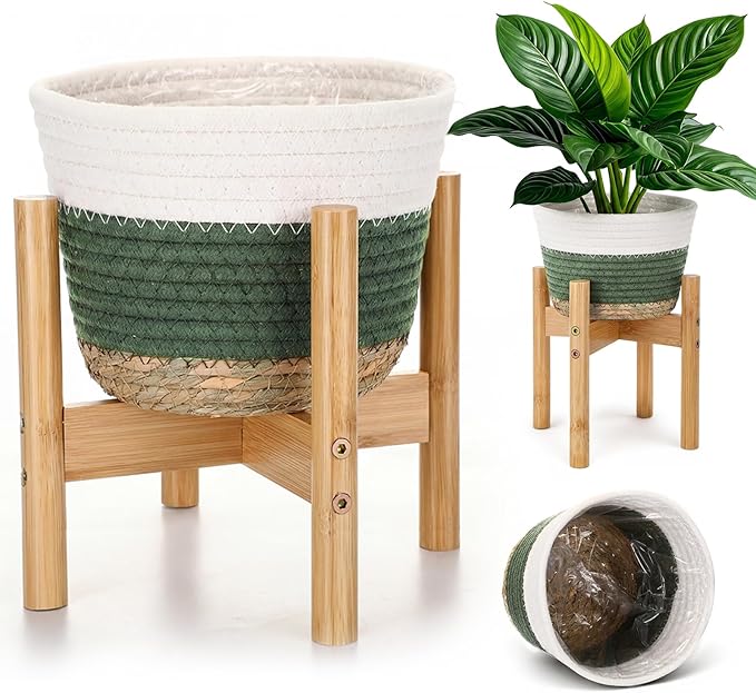 Remerry Plant Basket with Stand, Cotton Rope and Wicker Plants Baskets Indoor with Plastic Liner and Stand, Green White Woven Flower Pot for Indoor Home Living Room Floor Potted Decor(10inch)