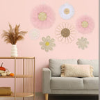 Chunful 7 Pcs Boho Wall Basket Decor Rattan Flower Wall Decor Nursery Daisy Flower Woven Macrame Hanging Flowers for Baby Kids Girls Farmhouse Bedrooms Living Rooms Kitchen Home(Pink)