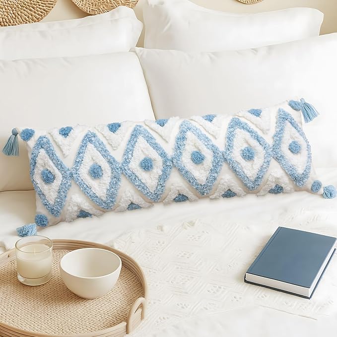 Decorative Lumbar Pillow Cover 14x36 Inch Coastal Blue and White Tufted Boho Throw Pillowcase Long Rectangle Accent Pillow Cover with Tassels for Couch Sofa Bed Farmhouse Body Cushion