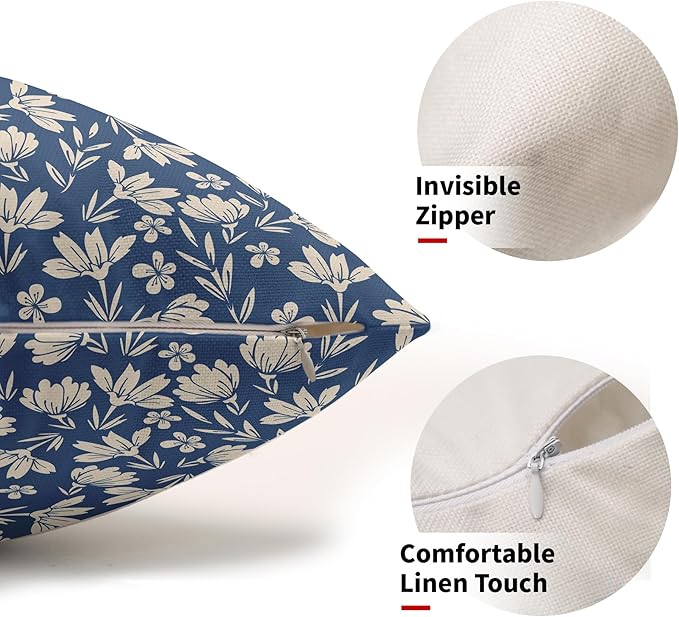 Blue Pillow Covers 12x20 Set of 2 Vintage Floral Rustic Old Style Cute Flower Print Rectangle Decorative Outdoor Pillowcases Seasonal Farmhouse Throw Cushion Case Couch Sofa Bed Decor