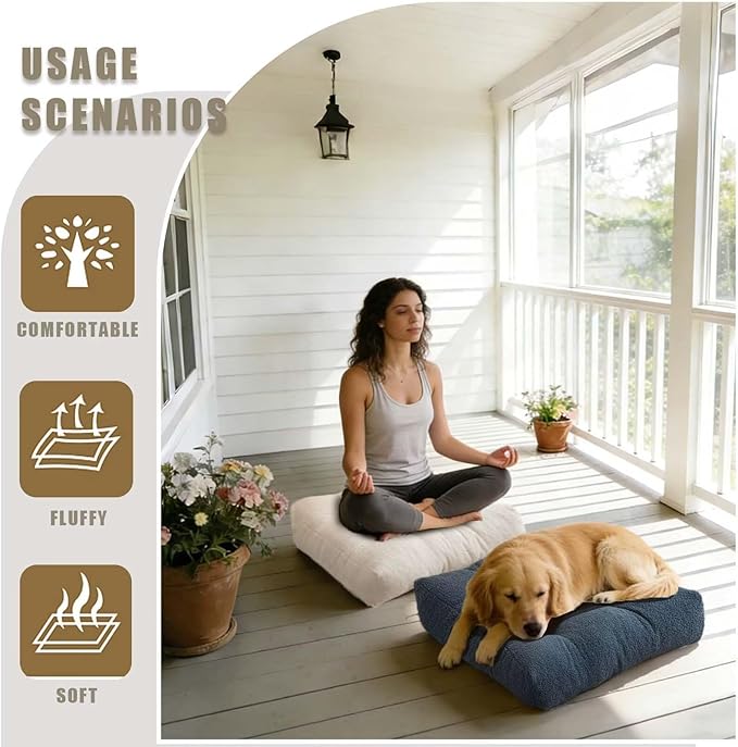 Large Sitting Pillow Set of 2, Floor Pillows Cushions for Adults, Thick Square Yoga Pillows with Tufted Cover for Bedroom Dorm Bay Window, Beige 18x18 in