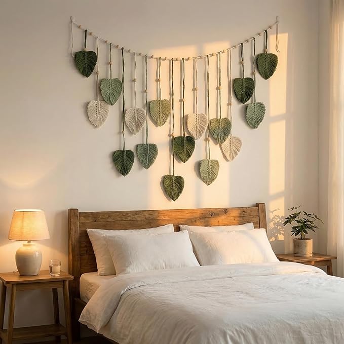 Macrame Wall Hanging, 47x29 inch Large Boho Woven Tapestry Wall Decor Chic Home Wall Art Modern Bohemian Handmade Green Leaf Feather Macrame Tapestry for Bedroom Apartment Living Room Backdrop Decor