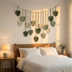 Macrame Wall Hanging, 47x29 inch Large Boho Woven Tapestry Wall Decor Chic Home Wall Art Modern Bohemian Handmade Green Leaf Feather Macrame Tapestry for Bedroom Apartment Living Room Backdrop Decor
