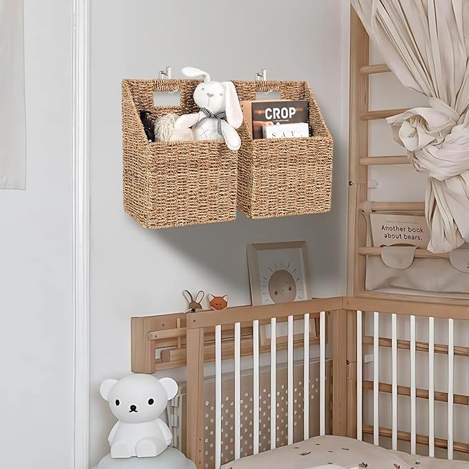 Wicker Hanging Storage Basket (10,5"Lx6,5"Wx13"H), Set of 2 Wall Baskets, Water Hyacinth Baskets, Wall Decor Hyacinth Basket Hanging for Organizing Files, Mails, Books (Seagrass)