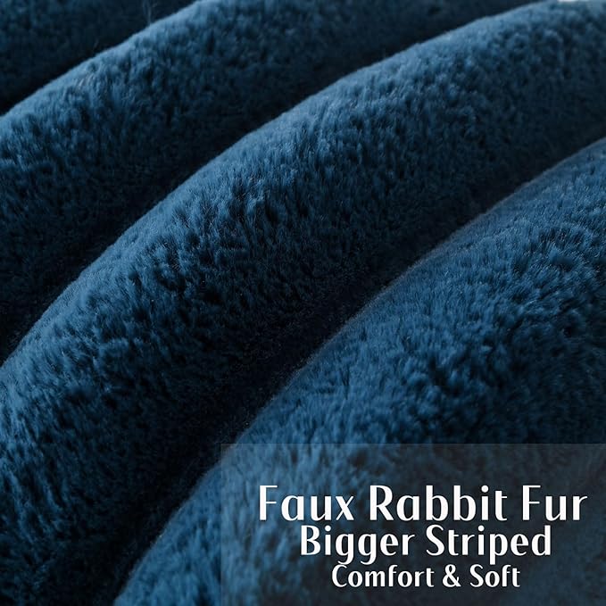 FUTEI Navy Blue Decorative Throw Pillow Covers 20x20 Inch Set of 2, Square Soft Faux Rabbit Fur Thick Striped Cushion Cover,Spring Home Decor for Couch Bed Living Room