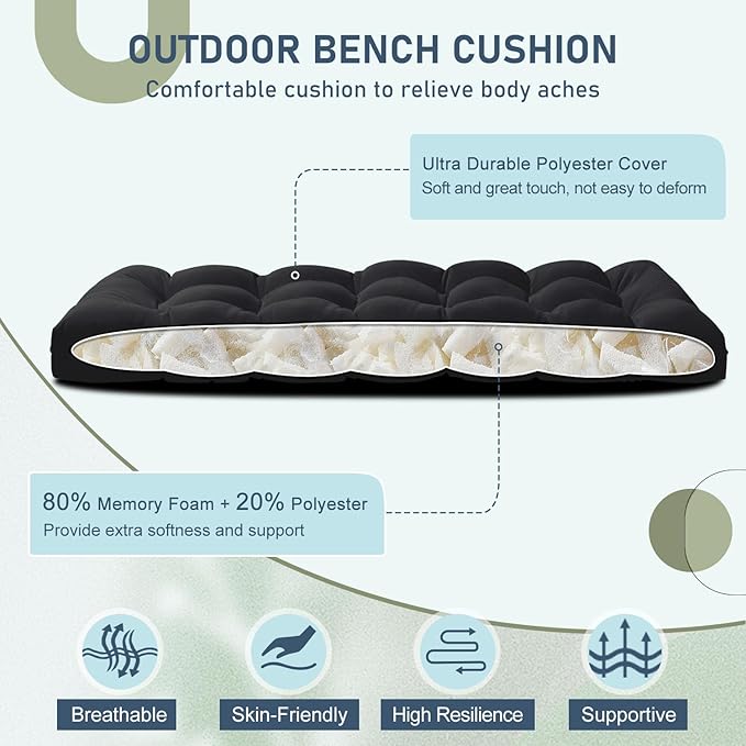 downluxe Outdoor Bench Cushion for Patio Furniture, Waterproof Tufted Overstuffed Porch Swing Cushions, Thick Outdoor Loveseat Cushions, 59" x 18" x 5", Black, Set of 1