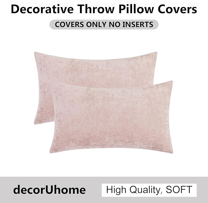 decorUhome Chenille Blush Pink Spring Valentine’s Day Throw Pillow Covers 12x20 Inch Set of 2, Decorative Soft Couch Pillow Covers Solid Dyed Accent Farmhouse Neutral Rectangle Pillow Cases for Sofa