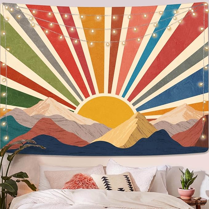 Aipon Vintage Sun Tapestry for Classroom Rainbow Boho 70s Sunshine Sunset Tapestries Wall Hanging Aesthetic Retro Tapestrys for Living Room Dorm (Yellow, 48'' × 36'')
