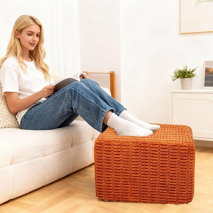 Asuprui Round Square Pouf Ottoman Foot Rest – Lightweight Modern Footstool with Plush Foam Filling, Perfect for Living Room Decor & Cozy Comfort – 20x20x14 Inch Chic Accent Piece (Burnt Orange)