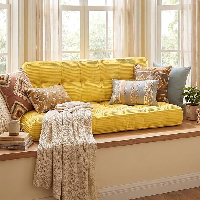 63 Inch Folding Bench Cushion, 4 Inch Thick 2-in-1 Convertible Long Floor Lounger Boneless Cushions Couch Mattress Upholstered for Yoga, Reading, Sleeping, Meditation Living Room(Yellow)