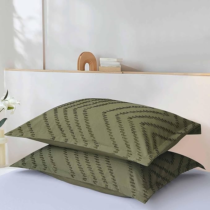 2 Pack Standard Size Pillow Shams Set, Olive Dark Green Boho Tufted Soft Microfiber Pillowcases, Modern Farmhouse Pillowshams for Men and Woman 20 x 26 Inch