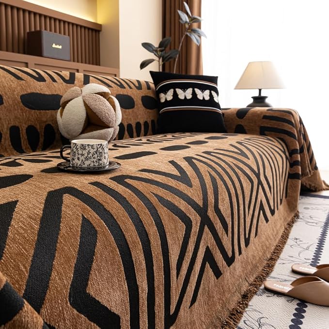 ROOMLIFE Brown Couch Cover 3 Cushion Sofa, Washable Non Slip Furniture Sofa Protector Cover, Soft Chenille Sofa Slipcovers Sectional L Shape Dogs Couch Cover Throw Blanket with Tassels 71''X134''