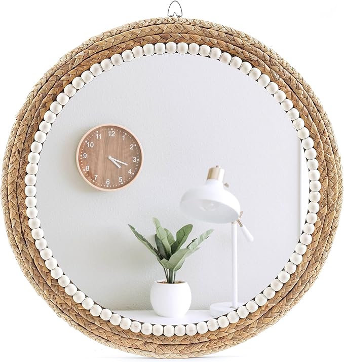 18 Inch Boho Wall Mounted Mirror,Decorative Round Rattan Hanging Wall Mirror，Suitable for Farmhouse, Living Room, Bedroom and Bathroom