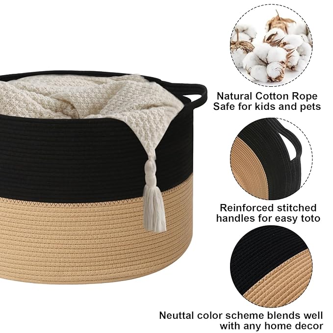 90L Large Blanket Basket,21.7"L x 21.7"W x 13.8"H Rope Woven Baskets with Handles, Toys Storage Bins,Laundry Basket Perfect for Living Room, Nursery,Bedroom,Home Organization,Black&Camel