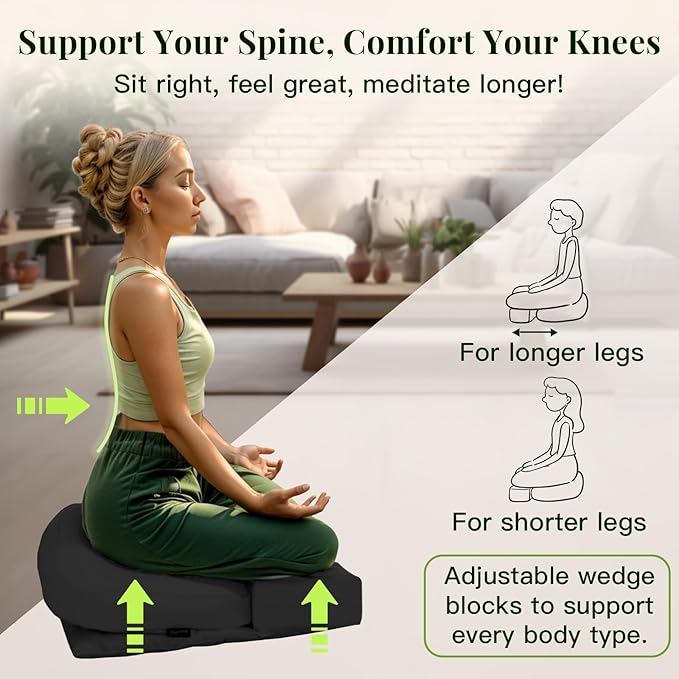 Syrinx Meditation Cushion Set – Zafu Yoga Floor Pillow with Knee Support Pads, Buckwheat Hull Filling, Carry Bag & Zabuton-Style Base