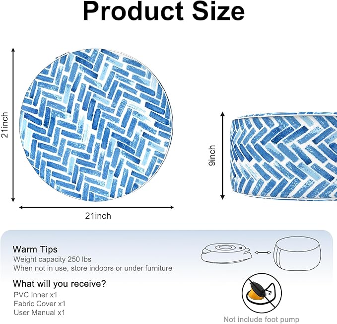 Inflatable Ottoman Stool D21 xH9 for Outdoor/Indoor Use, Water Repellent Patio Foot Rest Stool with Portable Handle,Round Pouf Ottoman Suitable for Garden,Deck and Camping - Blue Bricks