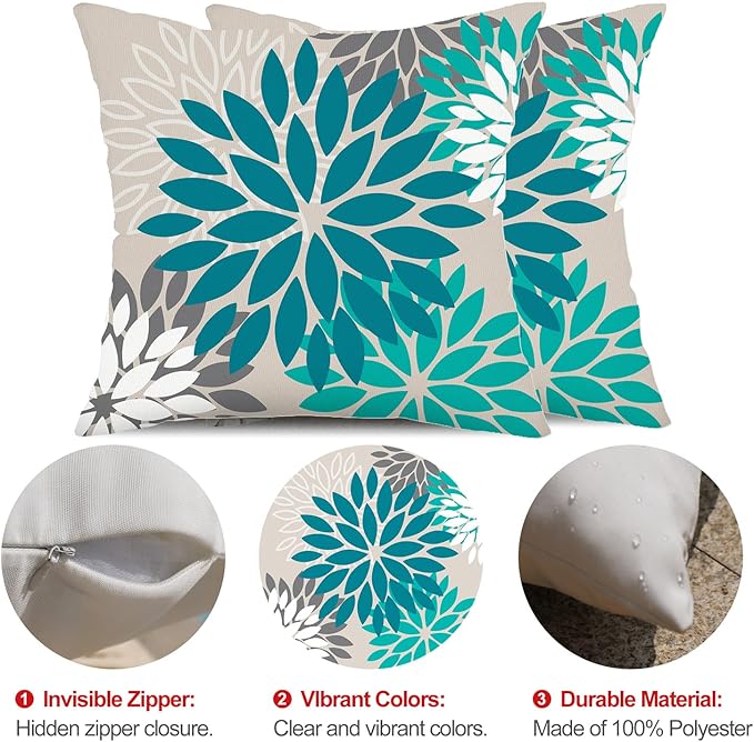 DFXSZ Dark Blue Green Outdoor Pillow Covers 16X16 Inch Set of 2 Spring Teal Flower Pillow Case Outdoor Waterproof Decor for Patio Funiture Garden Polyester pillowcovers 002D16