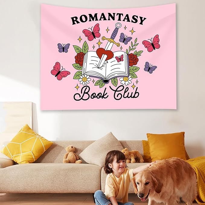 Romantasy Book Club Tapestry - Fantasy Books Library Tapestries, Pink Magical Document Tapestrys, Cute Aesthetic Fairy Tapestries Wall Hanging, Beach Throws Table Cloth Bedding Tapestry - 50 x 60 Inches