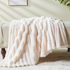 NEWCOSPLAY Super Soft King Blanket Ivory Premium Silky Flannel Fleece 3D Ribbed Jacquard Lightweight Bed Blanket All Season Use (Ivory Ribbed, King(90"x110"))