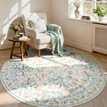 Lahome Sylvie Circle Rug 6ft Beige Floral, Gentle Blossom Print Nursery Round Rug, Machine Washable Kids Carpet for Bedroom, Non-Slip Circular Mat for a Cozy Retreat Nook Decor