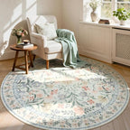 Lahome Sylvie Circle Rug 6ft Beige Floral, Gentle Blossom Print Nursery Round Rug, Machine Washable Kids Carpet for Bedroom, Non-Slip Circular Mat for a Cozy Retreat Nook Decor