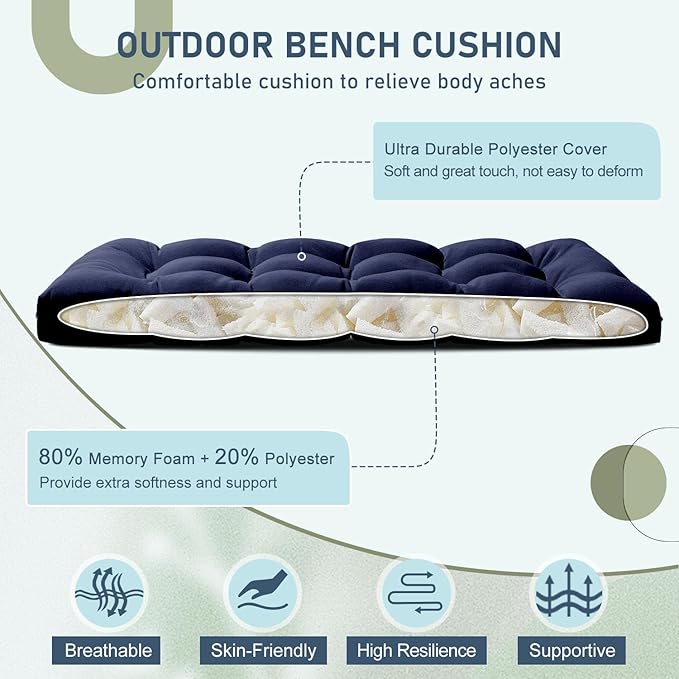 downluxe Outdoor Bench Cushion for Patio Furniture, Water Resistant Tufted Overstuffed Porch Swing Cushions, Thick Outdoor Loveseat Cushions, 48" X 18" X 5", Navy, Set of 1