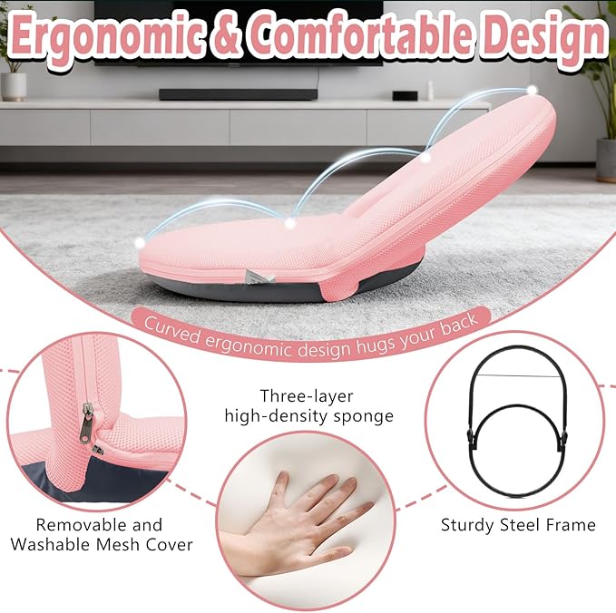 Floor Chair Floor Cushion Folding Padded Gaming Chair Adjustable 5-Position Floor Seat with Back Support for Kids Adult Great for Gaming Reading Meditating