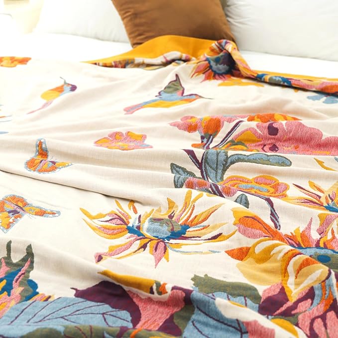 Boho Large Throw Blanket for Bed Couch, 100% Organic Cotton Soft Queen Throw-Floral Butterfly Decor Fall Blanket for Sofa Quilt and Gift, 80" x 90"-Beige