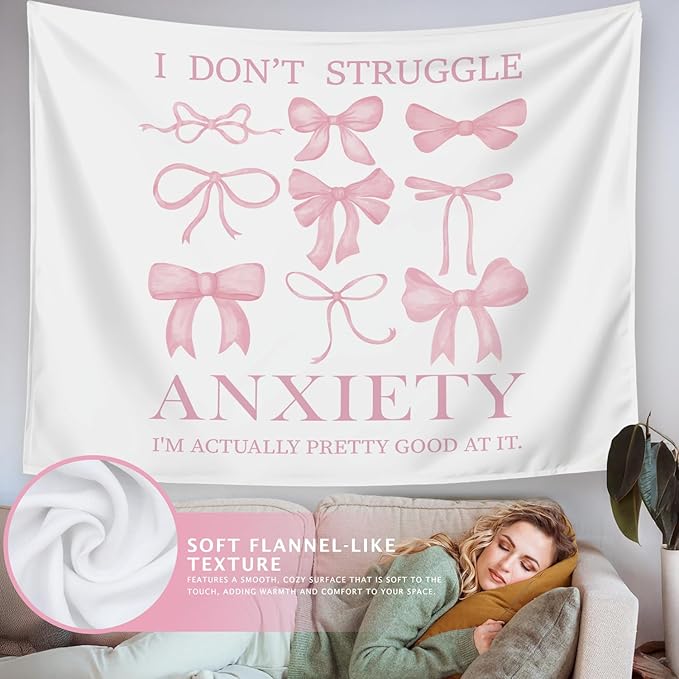LIANGW Coquette Mental Health Pink Bow Tapestry Wall Hanging, Coquette Preppy Room Decor, Pink Girly Aesthetic Wall Blanket Decor for Girls Room Dorm Apartment, 50x60 Inch