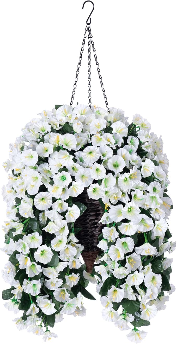 Artificial Fake Flowers Plants Hanging Baskets for Outdoor Outside Decor, Faux Silk Hanging White Morning Glory Trailing Vines UV Resistant for Porch Patio Home Decoration