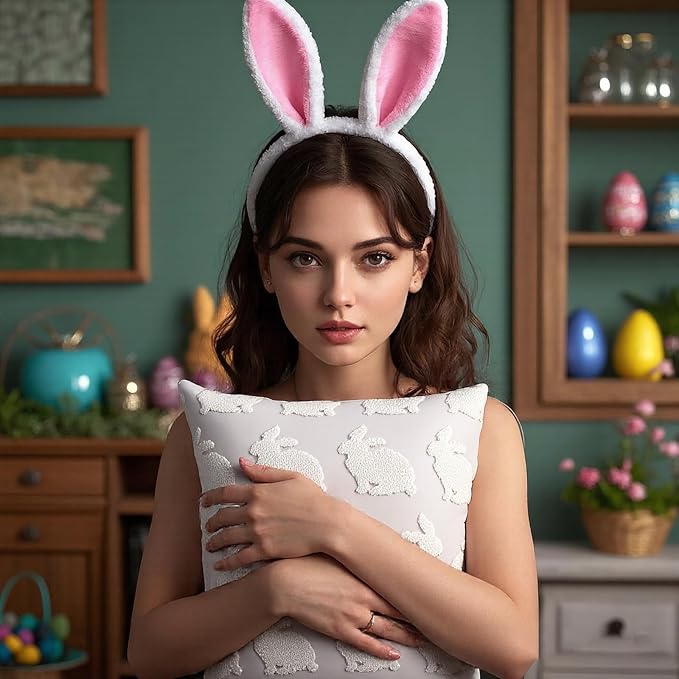 2 Pcs Tufted Easter Pillow Covers 18'' Pink White Rabbit Throw Pillow Cases 3D Soft Plush Faux Fur Wool Couch Cushion Case for Chair Sofa Bedroom Living Room Home Easter Decor