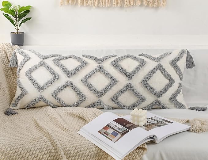 PANOD Decorative Long Lumbar Pillow Cover 14x36 Boho,Super Soft Chenille Extra Long Lumbar Pillow Case Cover with Tassel for Bed Sofa Couch Farmhouse Livingroom,Grey,Modern Skinny
