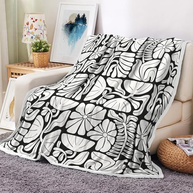 Boho Abstract Colorful Floral Throw Blanket, Vintage Retro Patchwork White Flower Botanical Geometric Aesthetic Groovy Flannel Throw Blanket for Chair Bed Sofa Couch, 60X80IN