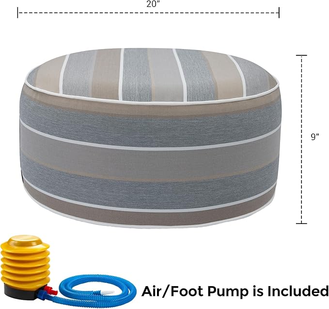 Outdoor/Indoor Inflatable Ottoman Pouf D20 xH9, All Weather Round Footstool with Foot Pump, Water Repellent Portable Footrest with Handle for Patio Garden Camping Travel-Grey Stripe