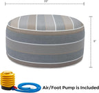 Outdoor/Indoor Inflatable Ottoman Pouf D20 xH9, All Weather Round Footstool with Foot Pump, Water Repellent Portable Footrest with Handle for Patio Garden Camping Travel-Grey Stripe