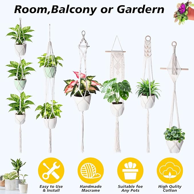 SATINIOR 12 Pcs Macrame Plant Hangers Handmade Boho Hanging Planters 12 Different Tiered Designs with 12 Hooks for Flower Pots Indoor Outdoor Decorative Wall Hanging Baskets for Home(Boho,White)