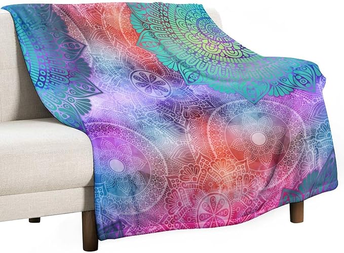 Mandala Throw Blanket Colorful Floral Flowers Bohemian Boho Blanket for Sofa Bed Couch Chair Or Dorm 70"x80"
