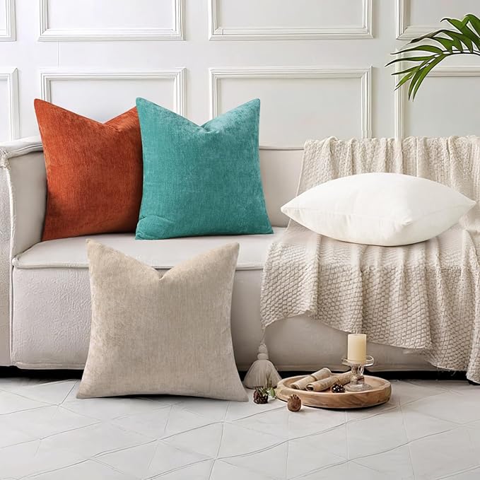 decorUhome Chenille Turquoise Spring Throw Pillow Covers 12x20 Inch Set of 2, Decorative Soft Couch Pillow Covers Solid Dyed Accent Farmhouse Neutral Rectangle Pillow Cases for Sofa