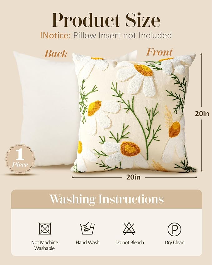 Embroidered Throw Pillow Cover - 20x20 Decorative Pillow Cover with Zipper Aesthetic Cute Design Boho Spring Summer Cozy Throw Pillowcase for Living Room Couch Sofa Bed, Daisy