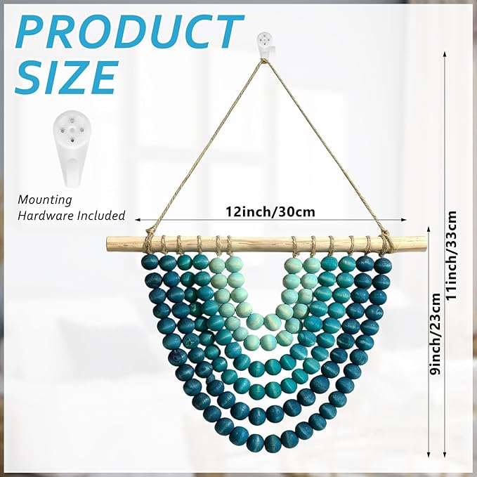 Boho Chic Wooden Bead Garland Wall Hanging Tapestry, Handcrafted Home Décor Inspired by Nature, Suitable for Living Room, Bedroom, Entryway, Nursery, Apartment & Dorm (Coastal Breeze Ombre, 12 inches)