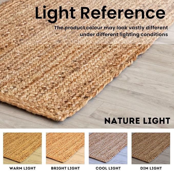 HOMEMONDE Reversible Oval Jute Area Rug - 4 x 6 ft Hand Woven Natural Fiber - Farmhouse Braided Rugs for Dining Room/Hallway/Office/Kitchen/Bedroom (Natural)