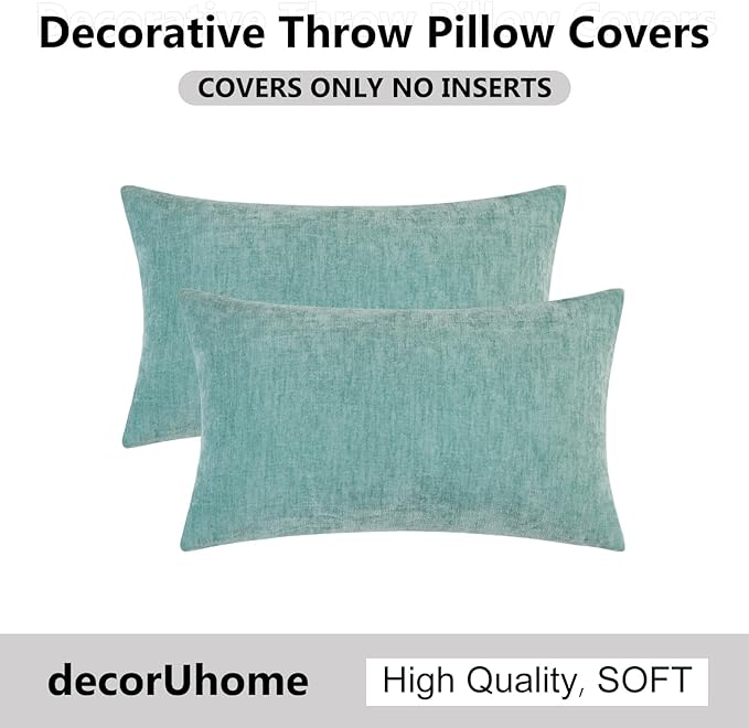decorUhome Chenille Aqua Haze Spring Throw Pillow Covers 12x20 Inch Set of 2, Decorative Soft Couch Pillow Covers Solid Dyed Accent Farmhouse Neutral Rectangle Pillow Cases for Sofa