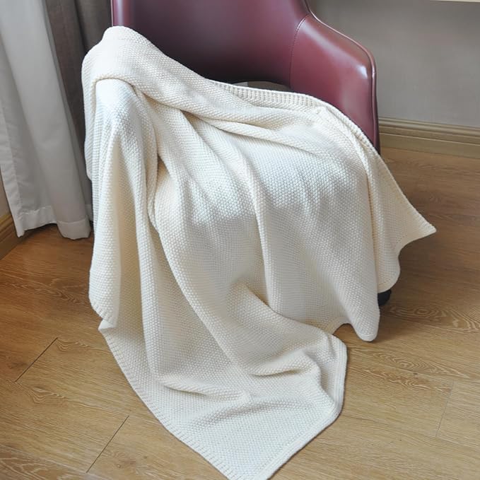 Knitted Full Size Throw Blanket - Lightweight Breathable Summer Soft Blanket of Polyester Imitation Cotton for Anti-Static,Luxury Throws for Bed, Couch and Sofa,Cream Cooling Throw Blanket