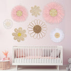 Chunful 7 Pcs Boho Wall Basket Decor Rattan Flower Wall Decor Nursery Daisy Flower Woven Macrame Hanging Flowers for Baby Kids Girls Farmhouse Bedrooms Living Rooms Kitchen Home(Pink)